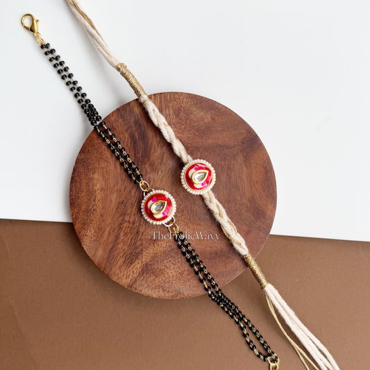 Lotus Red Kundan Couple Rakhi